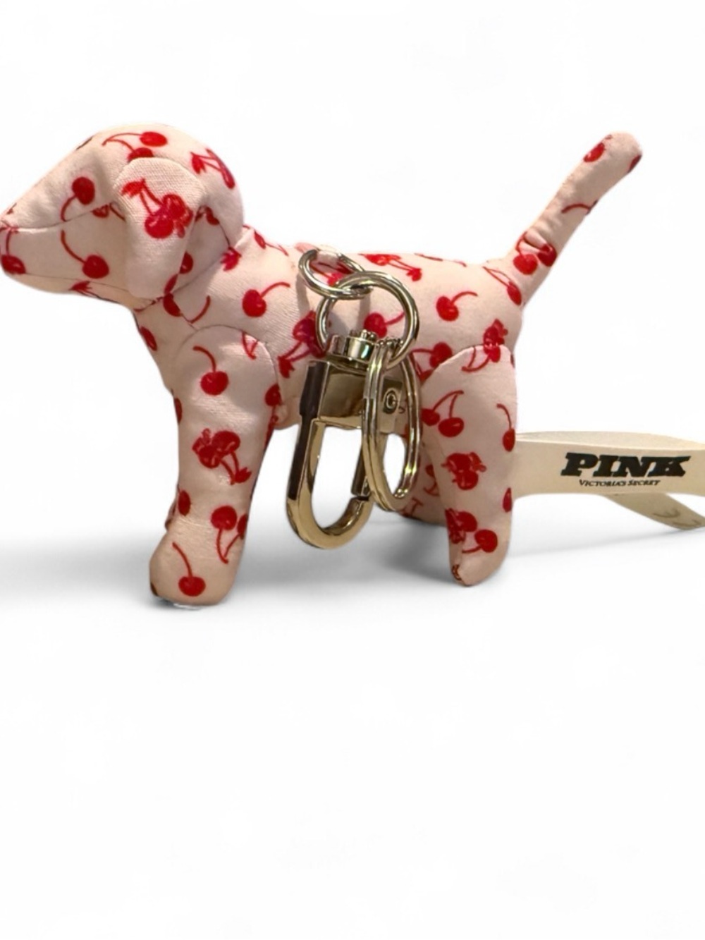 PINK Victoria's Secret Pink Dog Keychain with Red Cherry Print